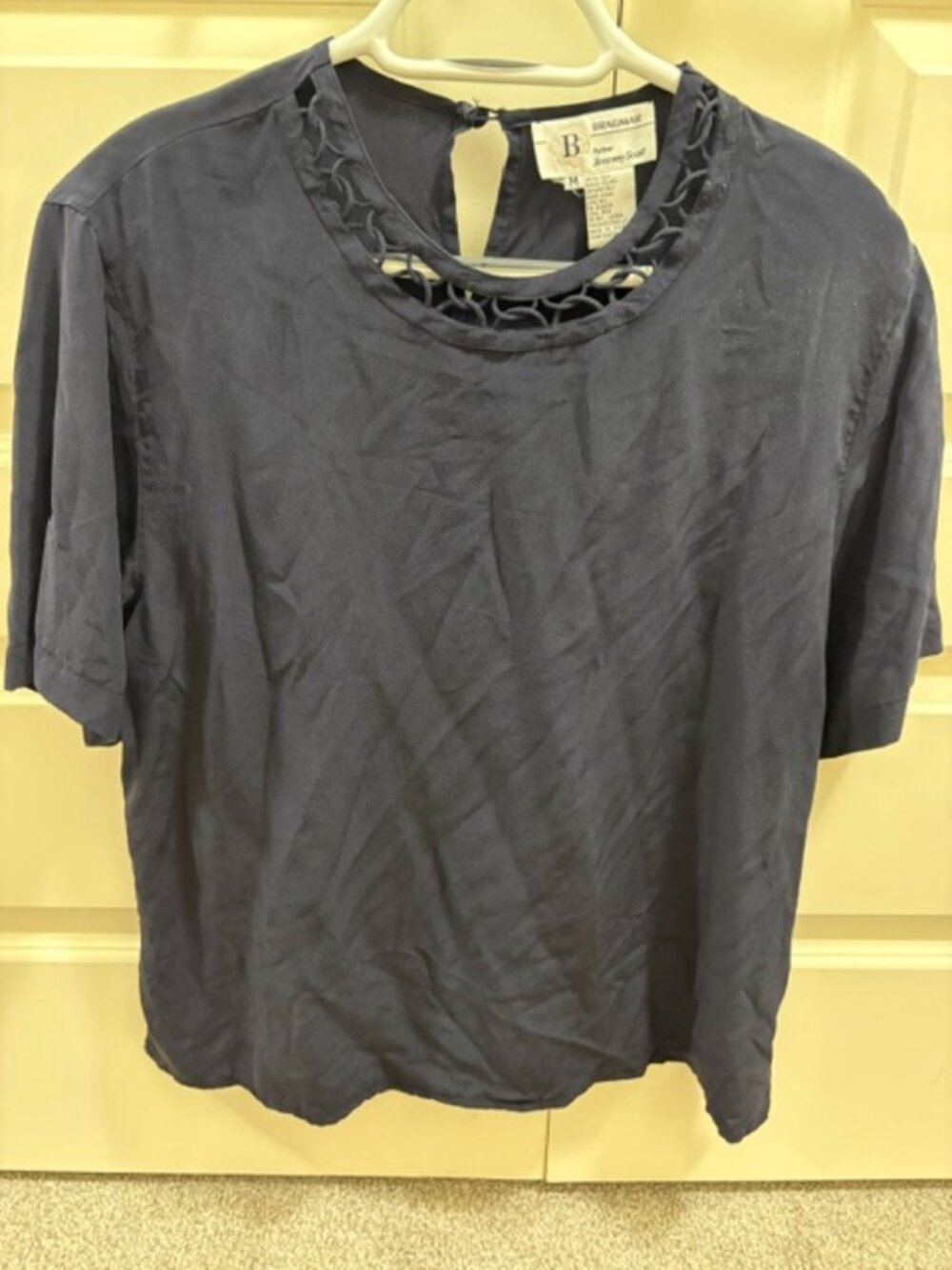Navy Silk Short Sleeve Blouse